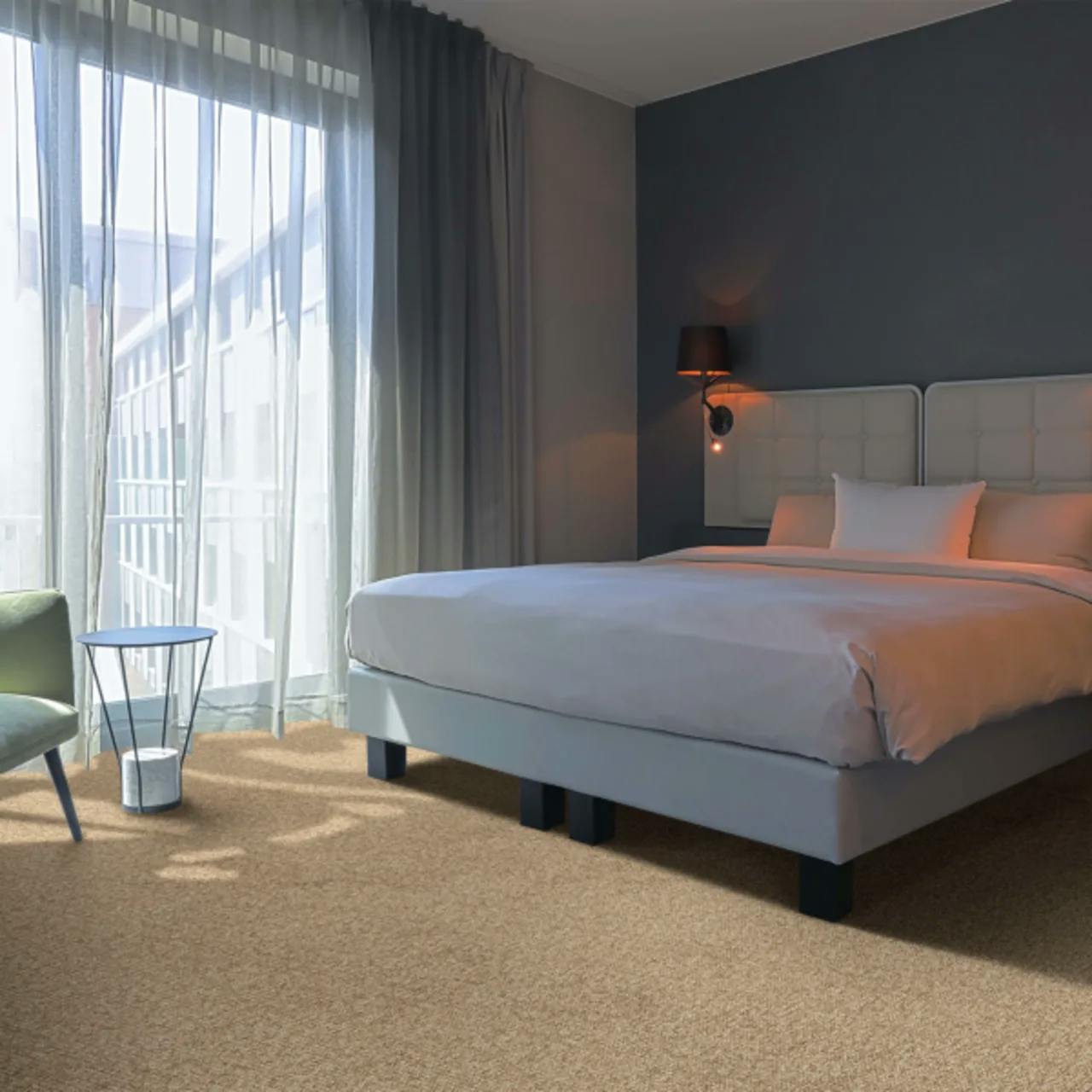 Medina Cedar carpet installed wall-to-wall in chic hotel bedroom