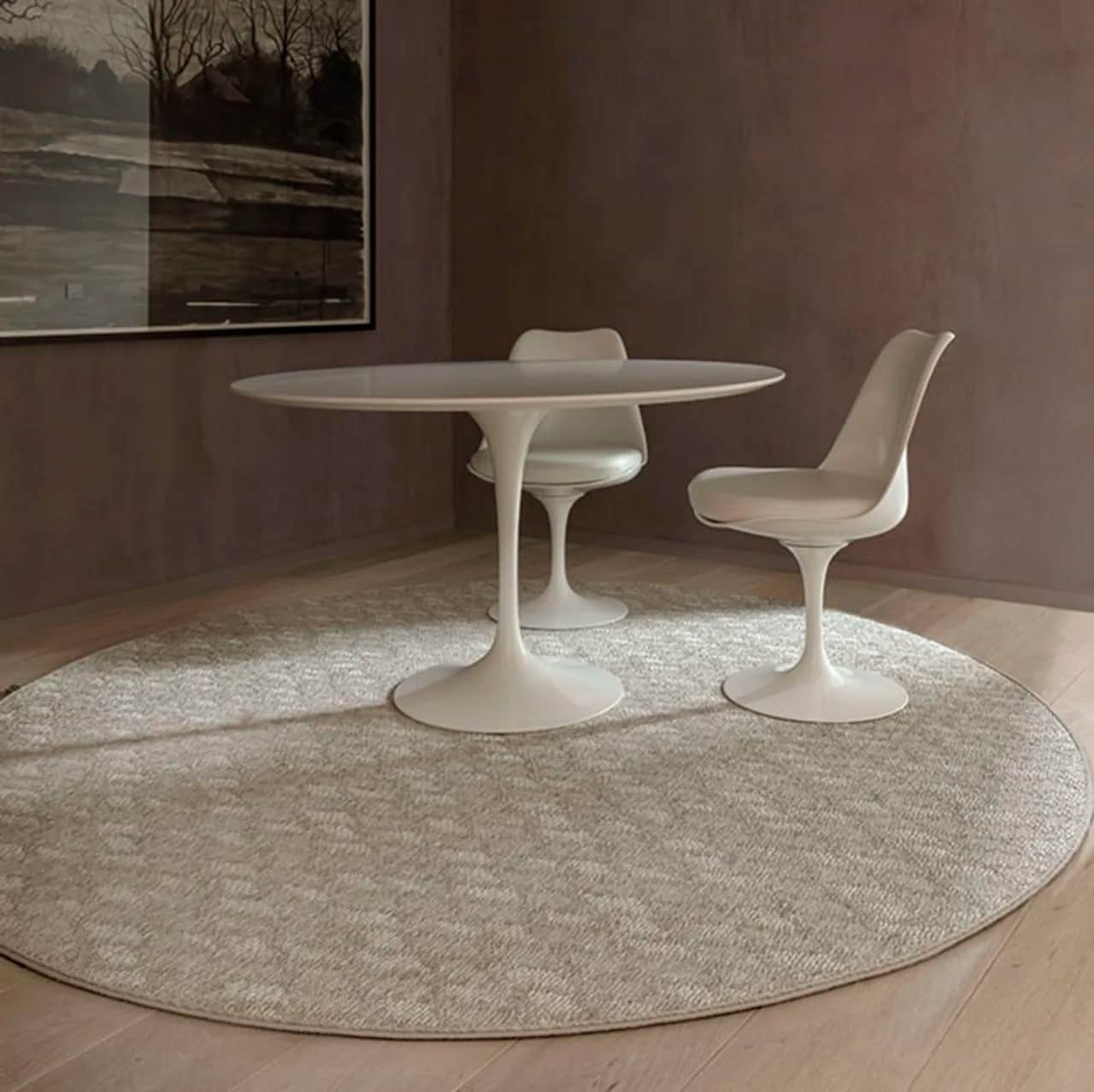 enduring design: bahia as a circular dining area rug in color turtledove