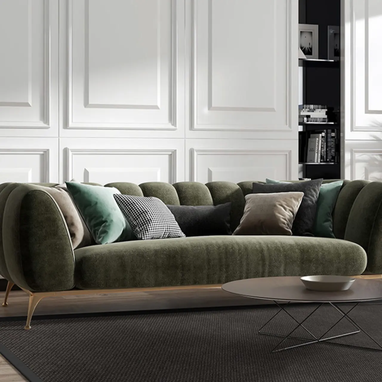 Munich Carbon rug with onyx cotton border in contemporary living room