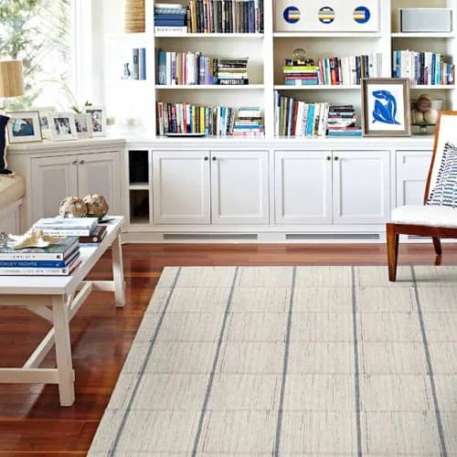 pattern play: gold coast's large scale plaid plays well with graphic design details (synthetic area rug in color admiral)