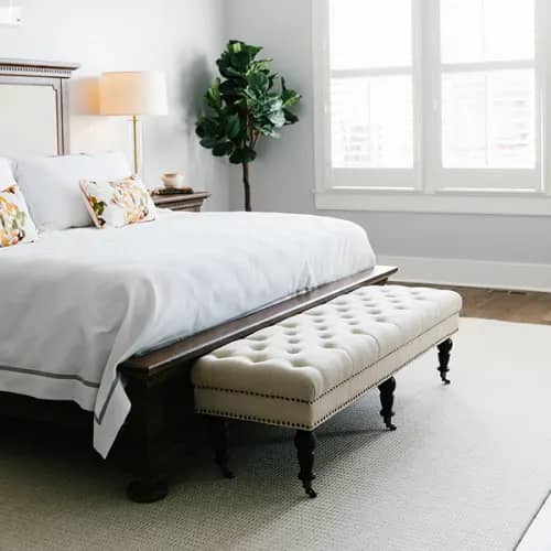 Portland Greystone wool rug in traditional bedroom