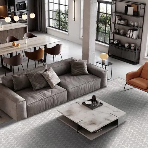 add visual interest to your living room view with a skyline area rug (color steel ivory)