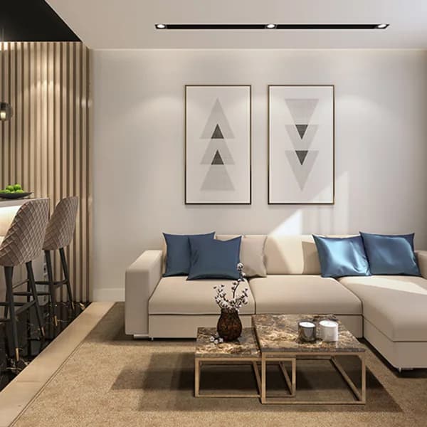 Crater Lake Cashew wool area rug in apartment living room