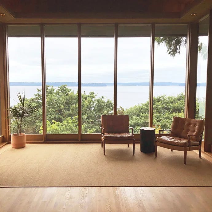 Ravenna Honey area rug in sun room with water view