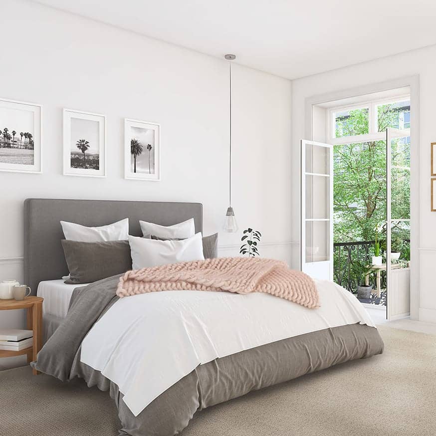 Rue Wool Rainier Macadamia wool area rug in bedroom