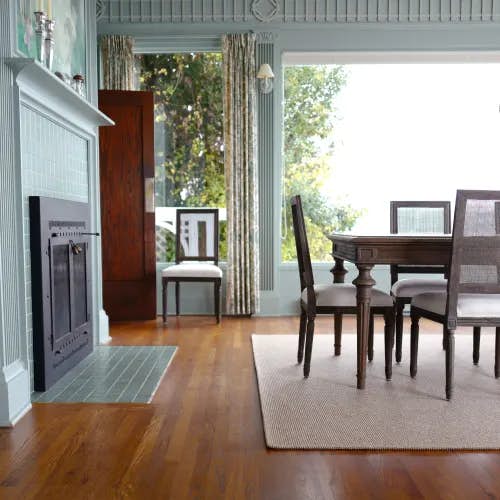 Winthrop Cedar SynSisal® area rug with infinity edge in formal dining room
