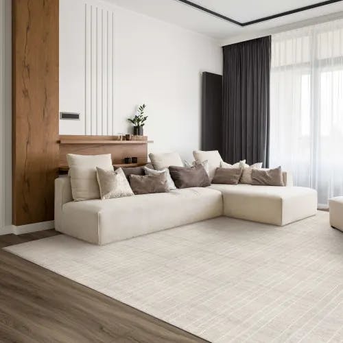 subtle: sophisticated stripes & soft fibers create the ultimate foundation (akoya area rug in color sand)