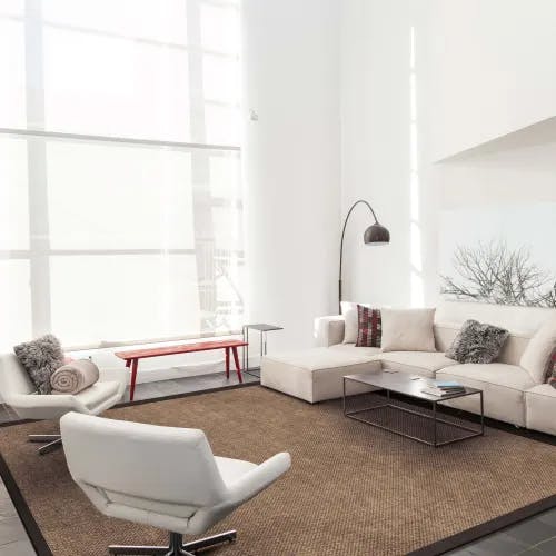 Dragon Grass Dusk sisal rug with cloth border in modern living room