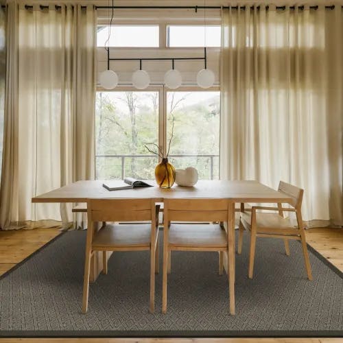 Salt Spring Gray stain-resistant sisal rug in modern farmhouse dining room