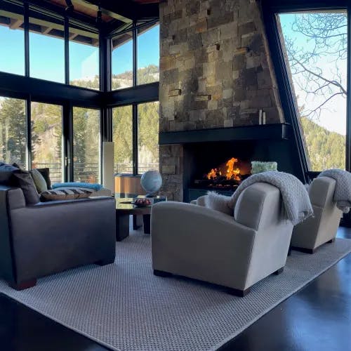 Beachfront Glacial Loop area rug in mountain lodge living room